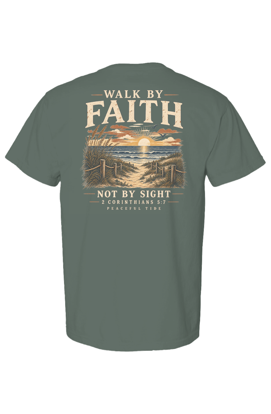 Walk By Faith Tee in Blue Spruce — Front, worn on model