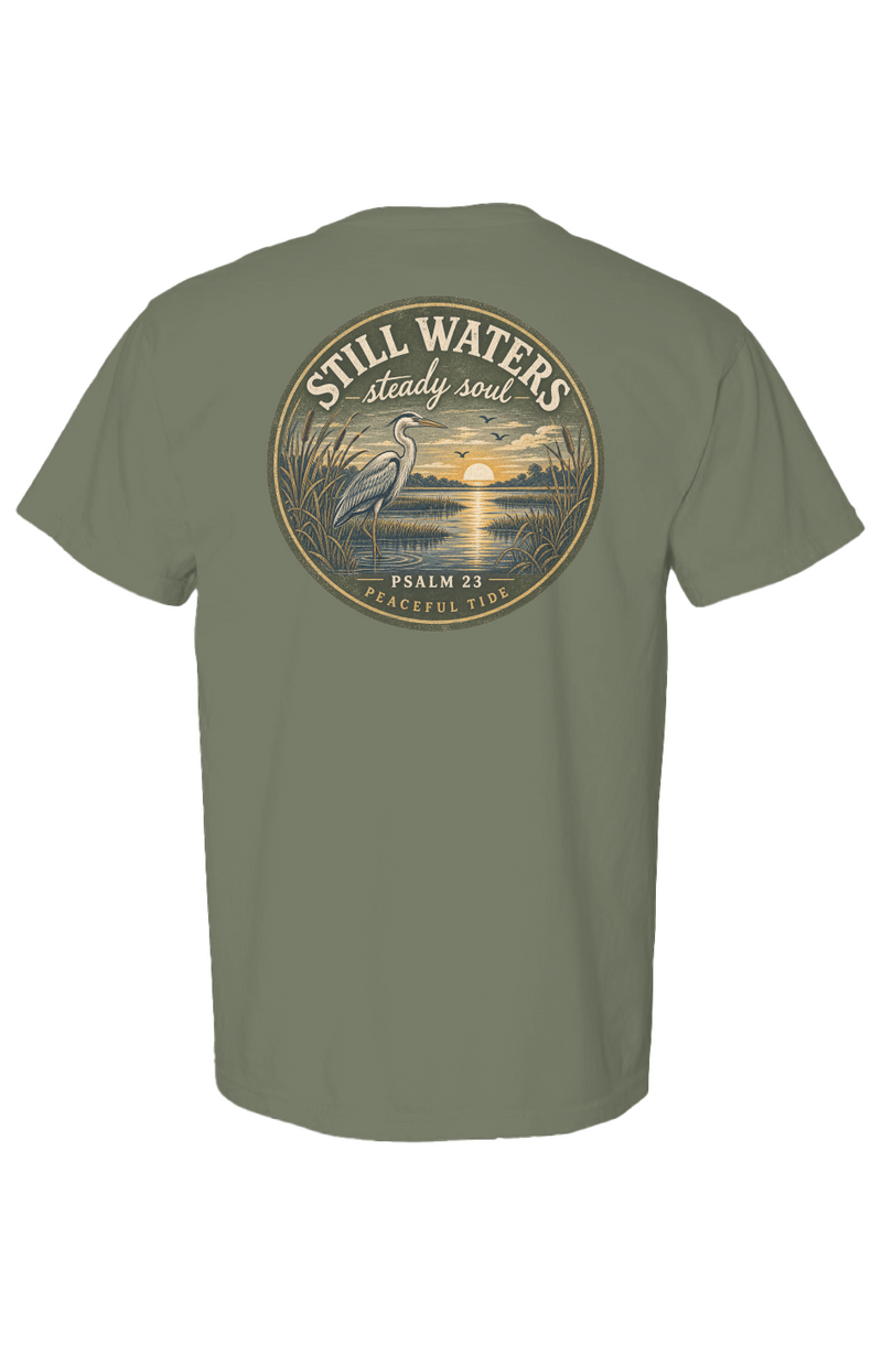 Still Waters, Steady Soul Tee in Moss — Back, worn on model