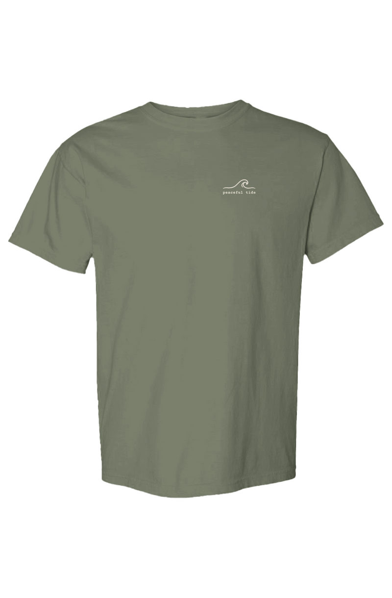 Still Waters, Steady Soul Tee in Moss — Front, worn on model