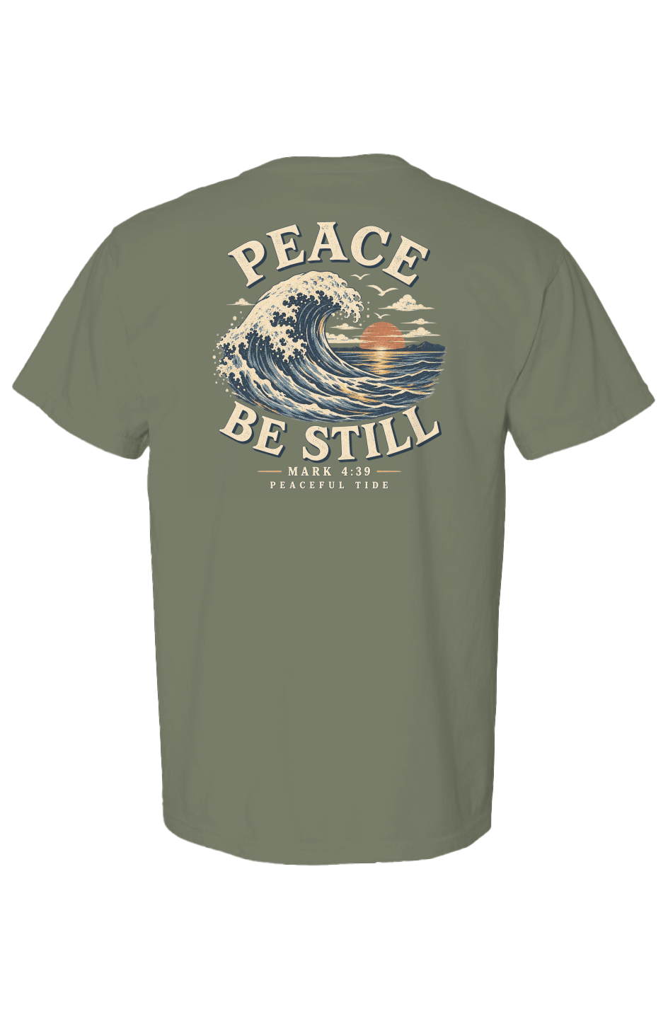Peace, Be Still Tee in midnight — Front, worn on model