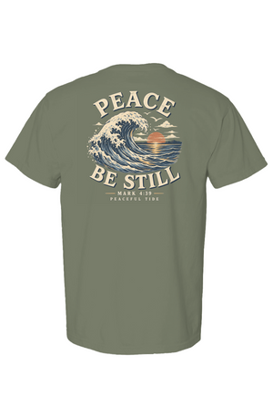 Peace, Be Still Tee in midnight — Front, worn on model