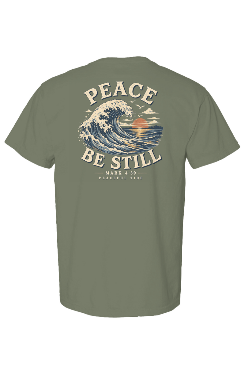 Peace, Be Still Tee in midnight — Front, worn on model