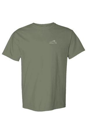 Peace, Be Still Tee in midnight — Back, worn on model