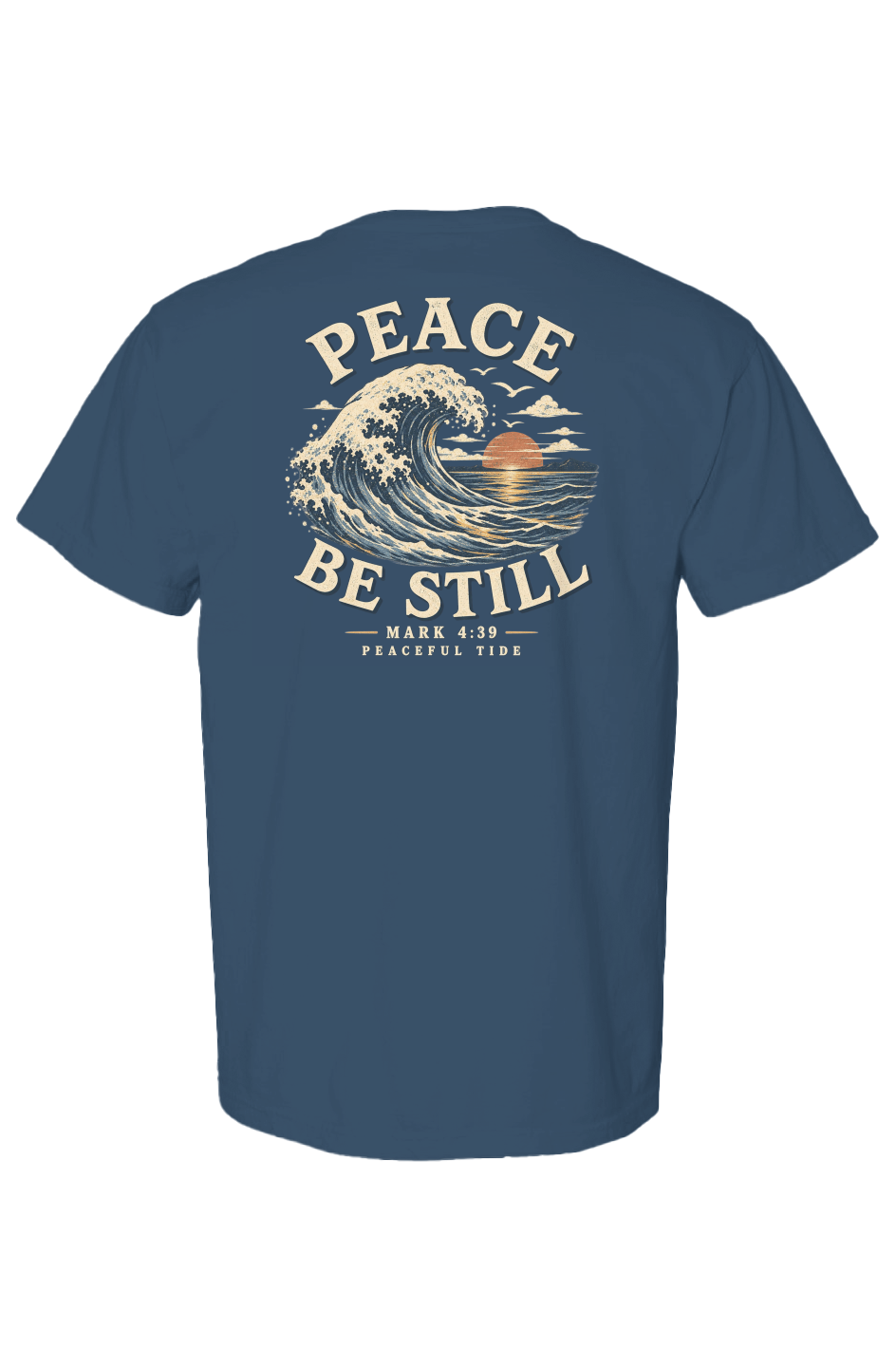 Peace, Be Still Tee in Moss — Front, worn on model