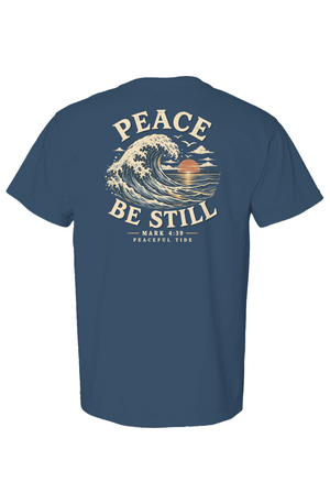 Peace, Be Still Tee in Moss — Front, worn on model