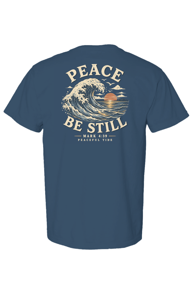 Peace, Be Still Tee in Moss — Front, worn on model