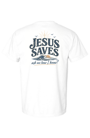 Jesus Saves Ask Me How I Know Tee in white — Front, worn on model