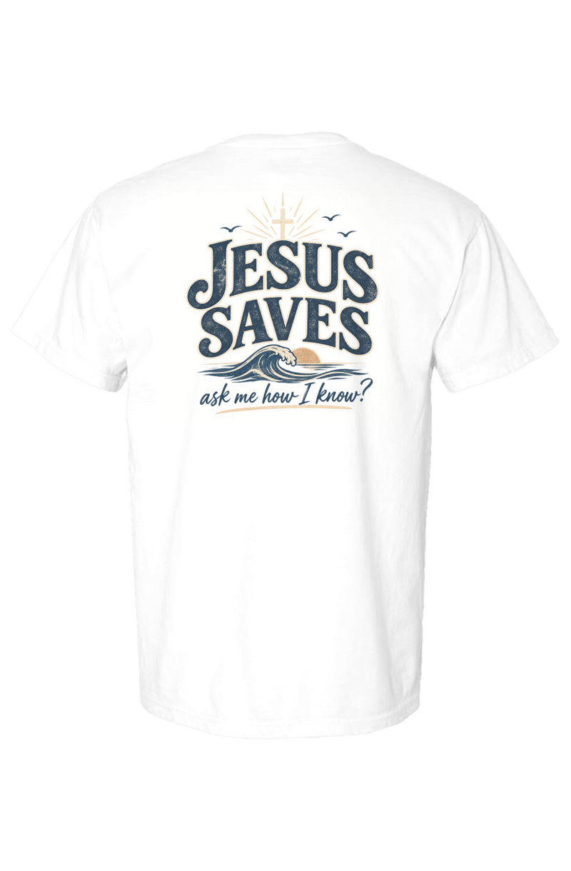 Jesus Saves Ask Me How I Know Tee in white — Front, worn on model