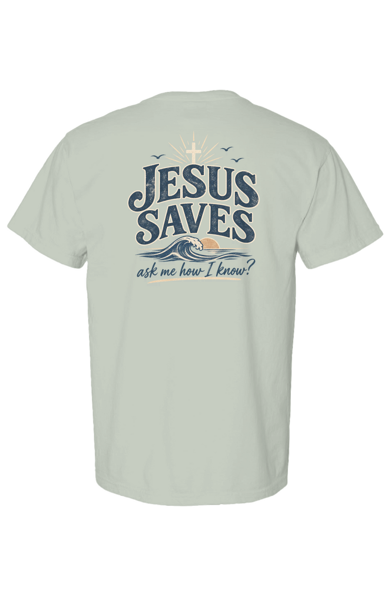 Jesus Saves Ask Me How I Know Tee in Bay — Back, worn on model