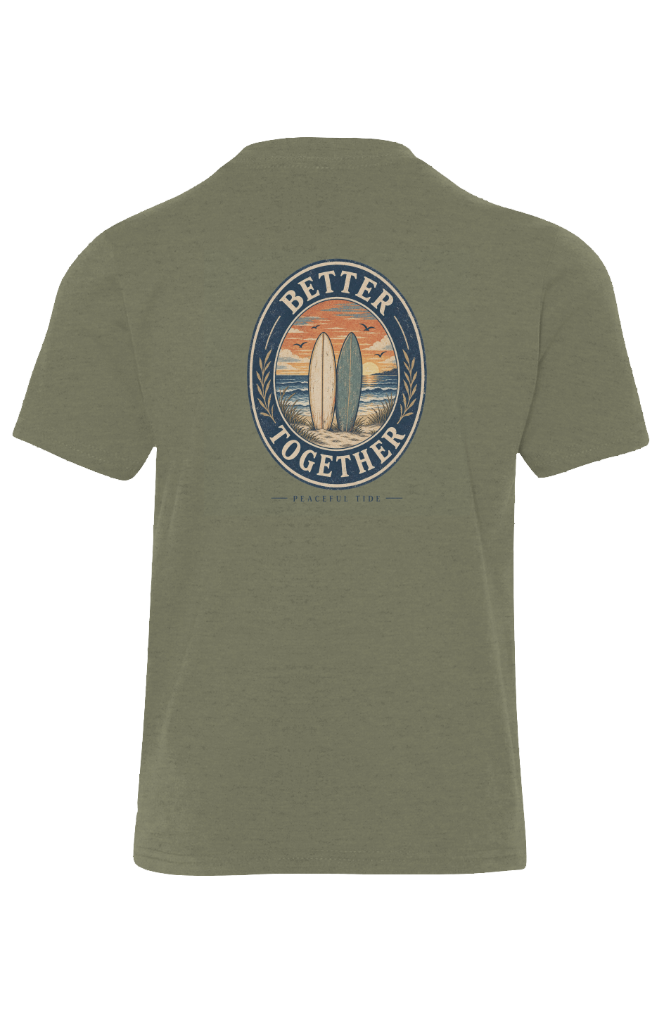Better Together Youth Tee in military green — folded flat