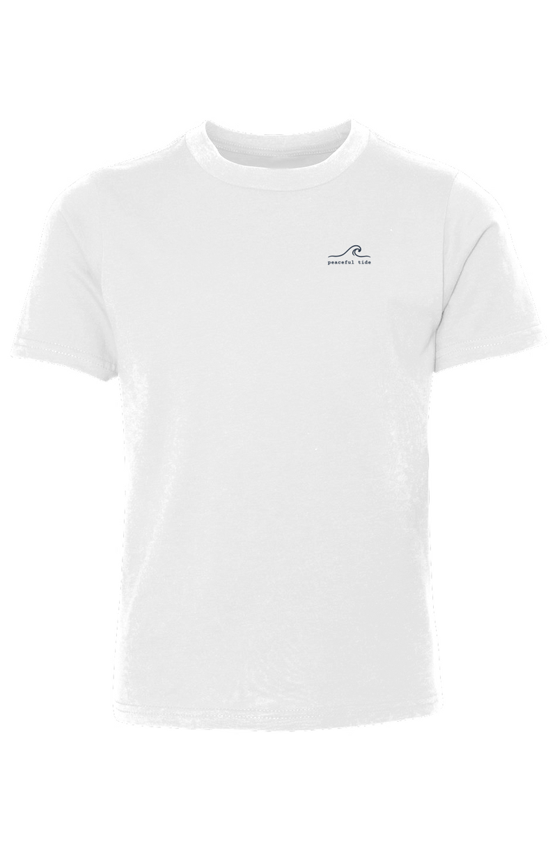 Calm Kind and Courageous Youth Tee in White — front view on model