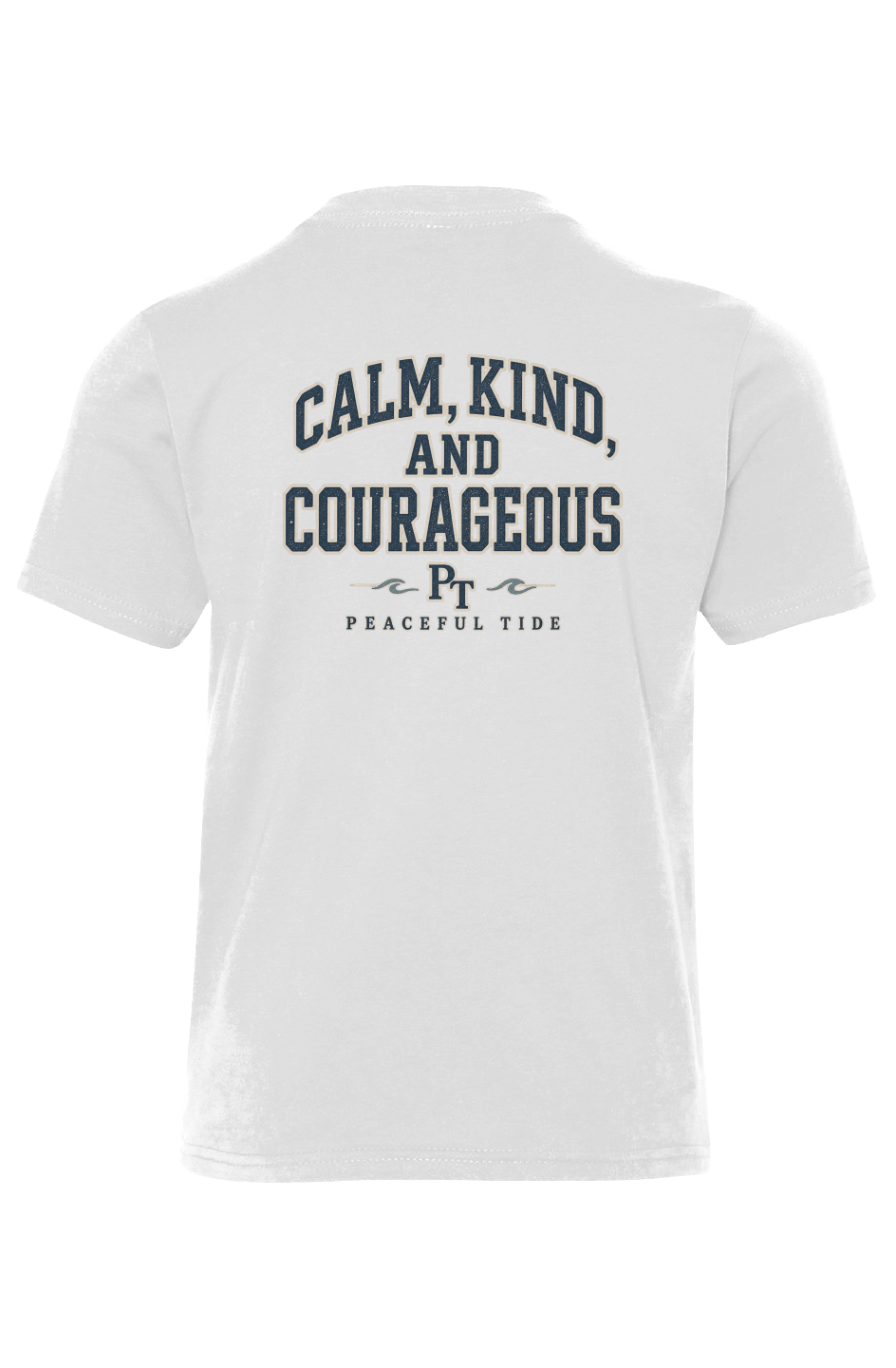 Calm Kind and Courageous Youth Tee in White — folded flat