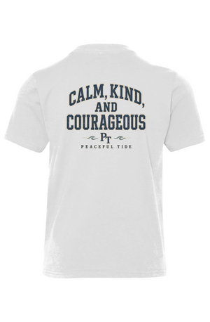 Calm Kind and Courageous Youth Tee in White — folded flat