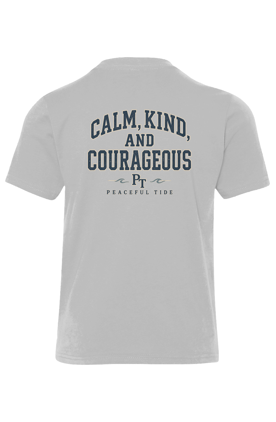 Calm Kind and Courageous Youth Tee in Light Grey — front view on model
