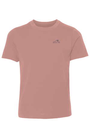 Calm Kind and Courageous Youth Tee in Desert Pink — front view on model