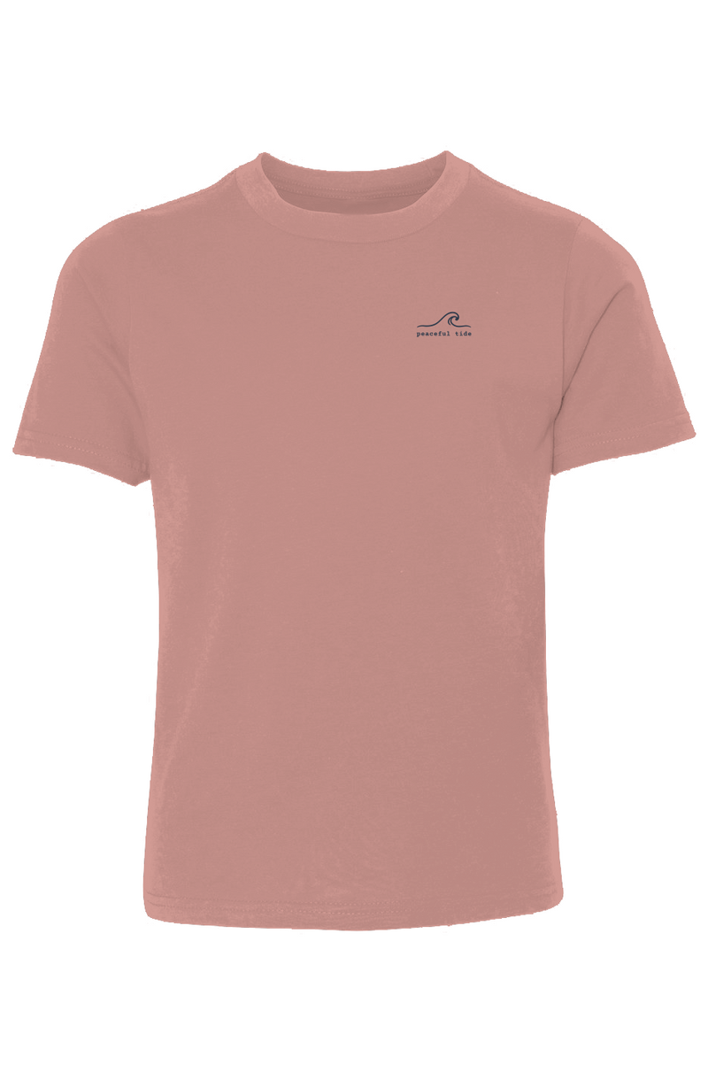 Calm Kind and Courageous Youth Tee in Desert Pink — front view on model