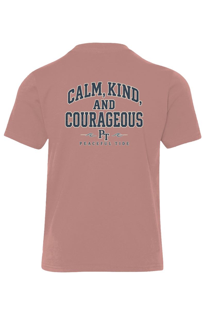 Calm Kind and Courageous Youth Tee in Desert Pink — folded flat