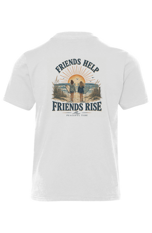Friends Help Friends Rise Youth Tee in White — front view on model