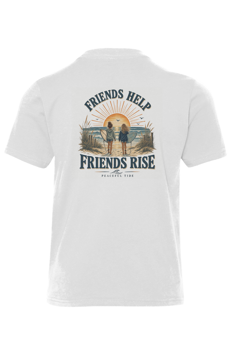 Friends Help Friends Rise Youth Tee in White — front view on model