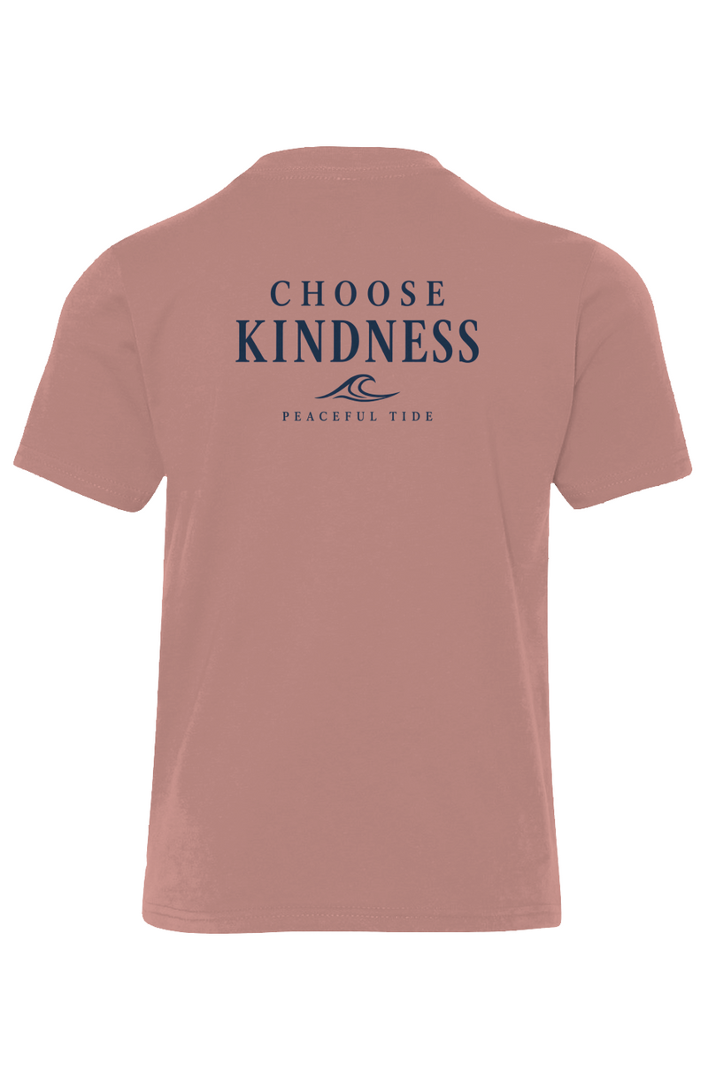 Choose Kindness Youth Tee in Desert Pink — front view on model