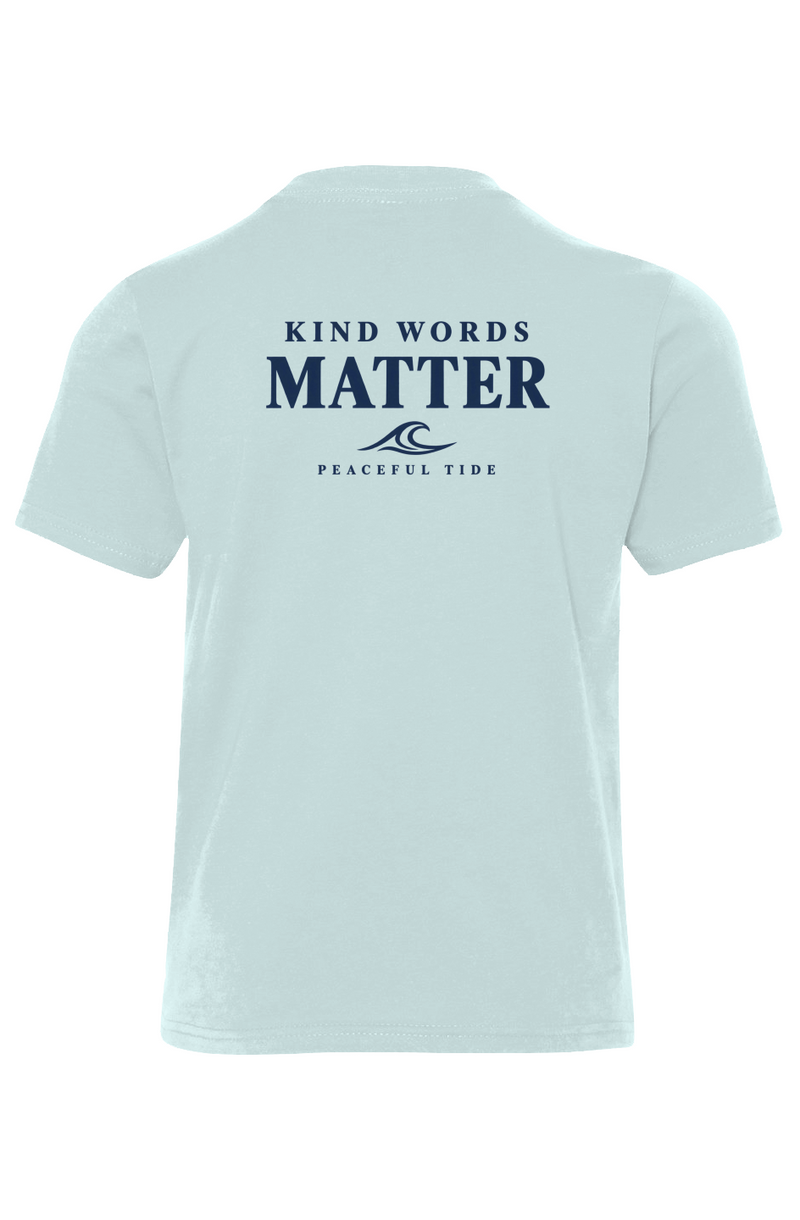 Kind Words Matter Youth Tee in light blue — front view on model