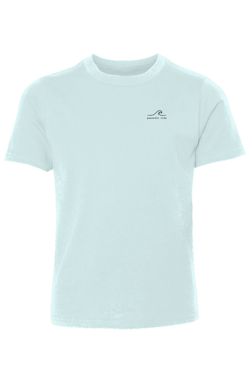 Lead Kindness Youth Tee in light blue — front view on model