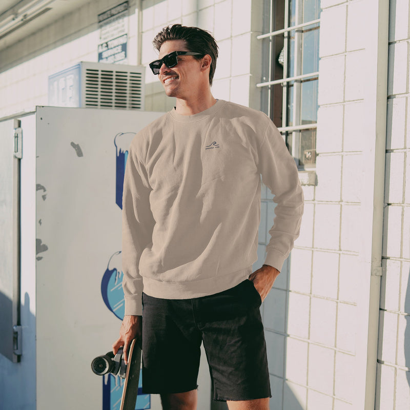 Signature Peaceful Tide Sweatshirt in Pigment Sandstone, front view on model