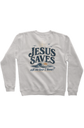 Jesus Saves, Ask Me How I Know Signature Sweatshirt in Pigment Ivory, worn by a model, front view