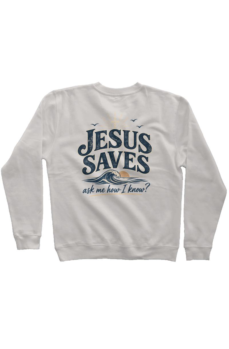 Jesus Saves, Ask Me How I Know Signature Sweatshirt in Pigment Ivory, worn by a model, front view