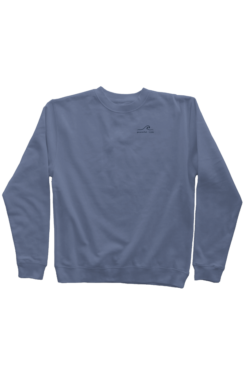 Jesus Saves, Ask Me How I Know Signature Sweatshirt in Pigment Slate Blue, worn by a model, back view