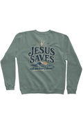 Jesus Saves, Ask Me How I Know Signature Sweatshirt in Pigment Alpine Green, worn by a model, front view