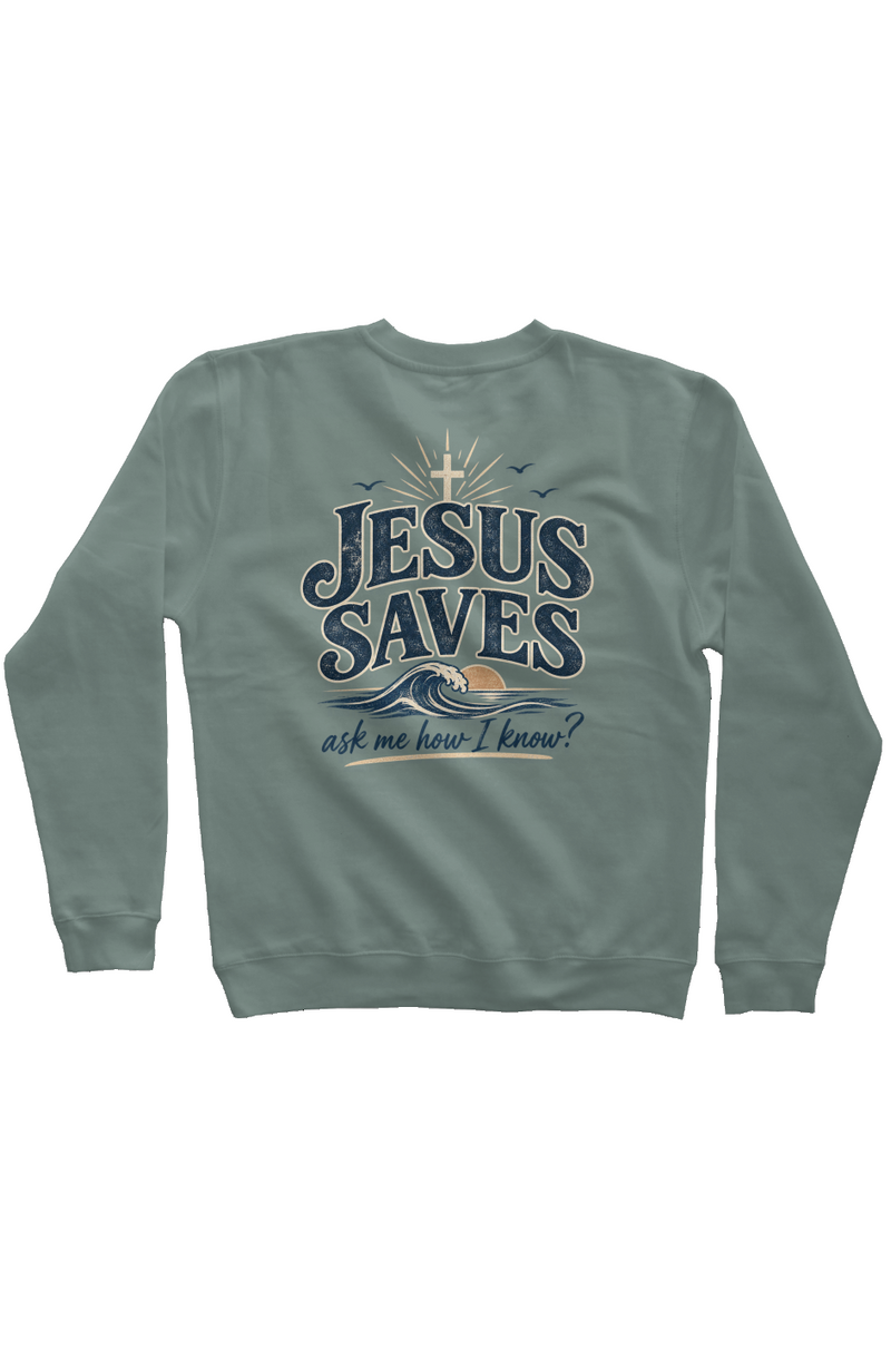 Jesus Saves, Ask Me How I Know Signature Sweatshirt in Pigment Alpine Green, worn by a model, front view
