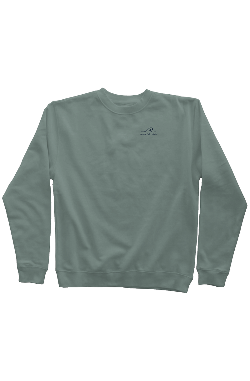 One Day, One Step, One Prayer Sweatshirt in Pigment Alpine Green, worn by a model, front view