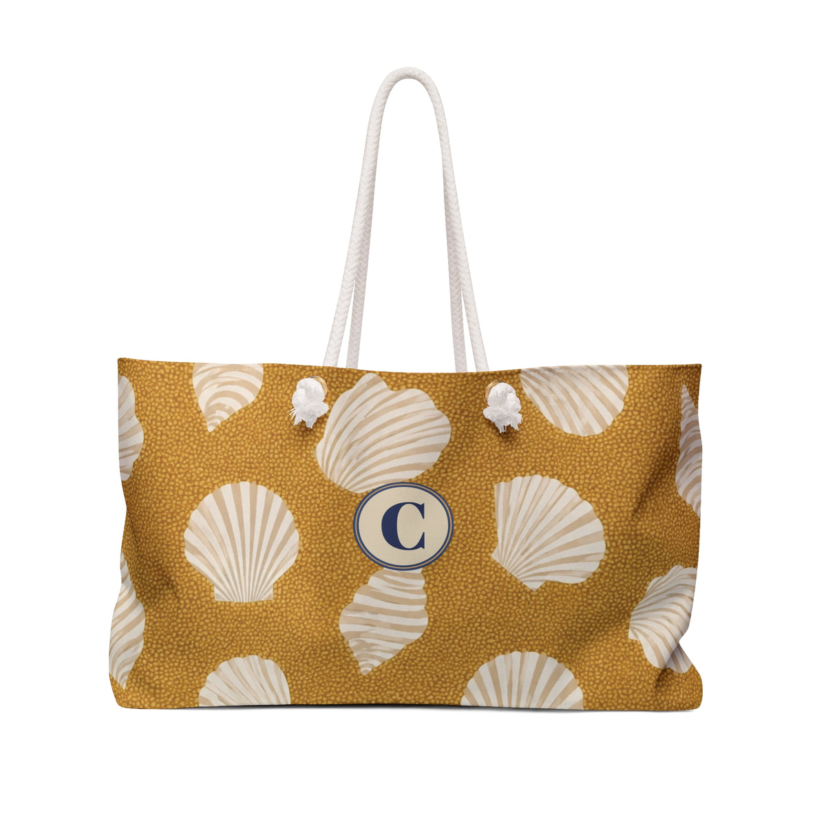 Shell Pattern Weekender Bag — front view showing the full exterior print, scattered scallop shell print on golden sand