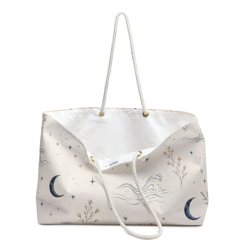Celestial Moon & Wildflower Weekender Bag styled for weekend travel
