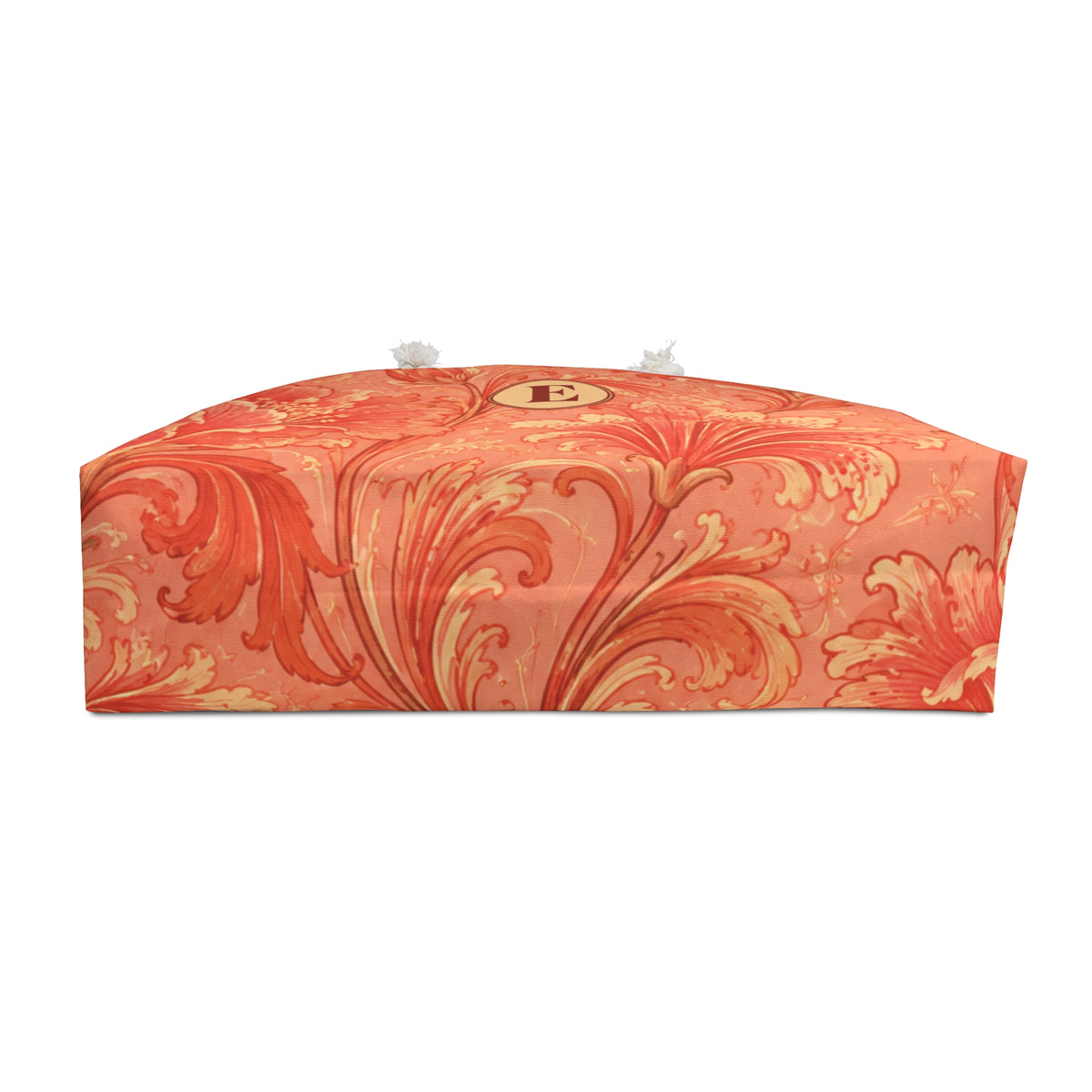 Coral Floral Monogram E Weekender Bag — interior lining view with the bag partially open, painterly coral-and-terracotta floral pattern