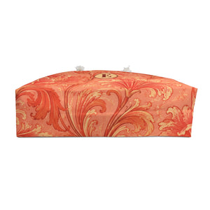 Coral Floral Monogram E Weekender Bag — interior lining view with the bag partially open, painterly coral-and-terracotta floral pattern