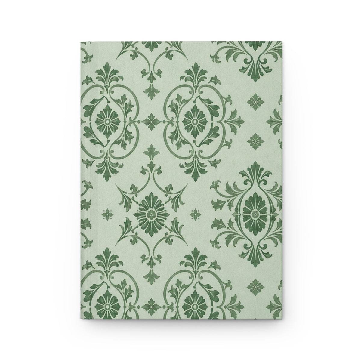 Sage Damask Hardcover Journal, front cover, closed on a flat surface