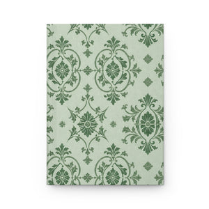 Sage Damask Hardcover Journal, front cover, closed on a flat surface