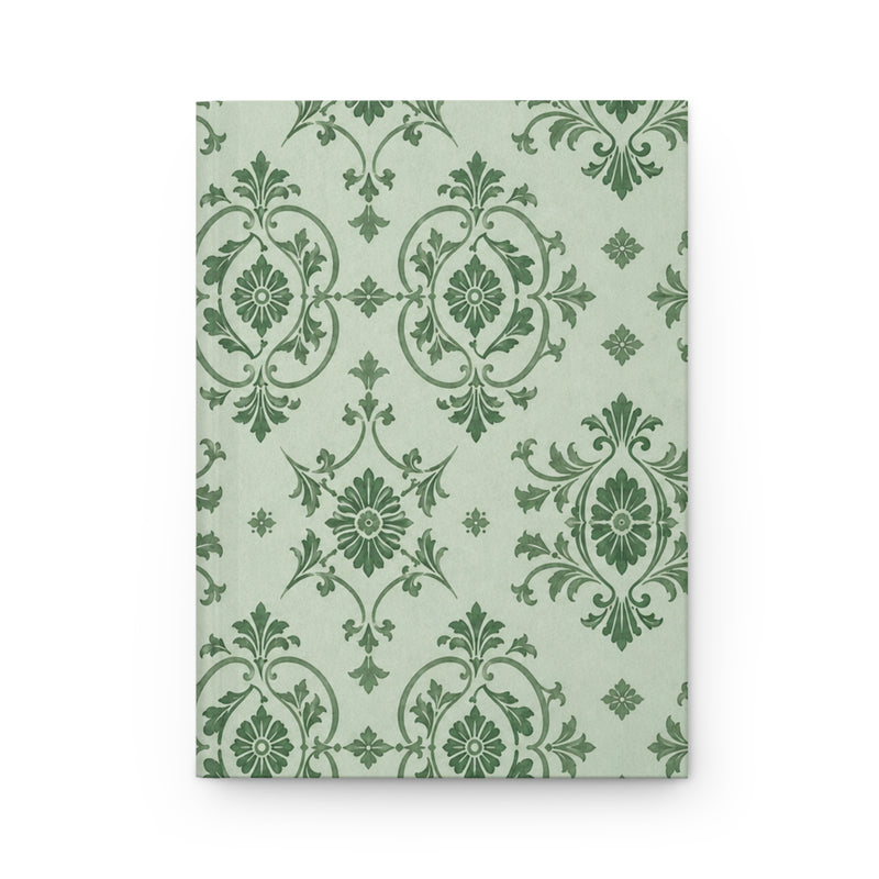 Sage Damask Hardcover Journal, front cover, closed on a flat surface