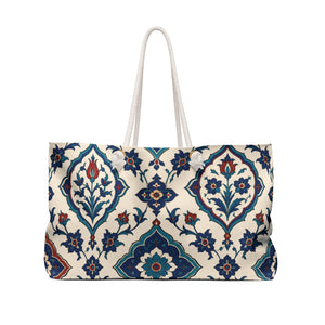 Moroccan Tile Weekender Bag – side view highlighting the cream cotton rope handles and gold-tone grommets