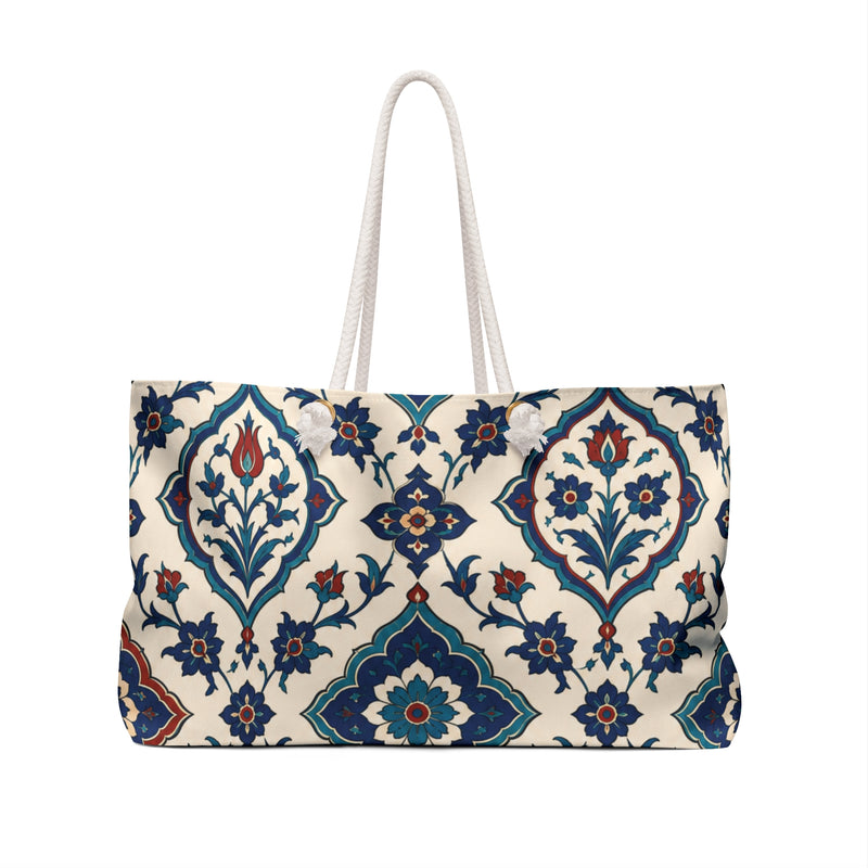 Moroccan Tile Weekender Bag – side view highlighting the cream cotton rope handles and gold-tone grommets