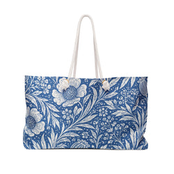 Blue Floral Weekender Bag – front view showing the powder-blue and cream botanical floral print