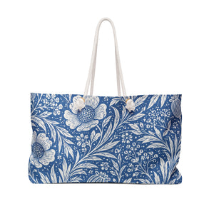 Blue Floral Weekender Bag – front view showing the powder-blue and cream botanical floral print