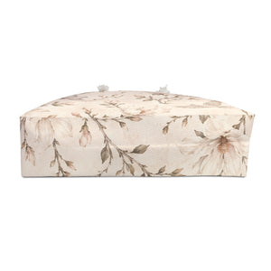 Floral Dove Weekender Bag flat lay, full dove and floral vine print detail