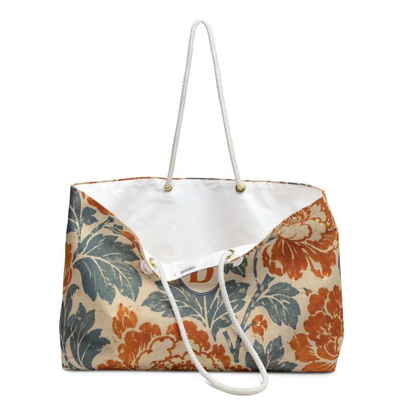Vintage Floral Weekender Bag Monogram D — close-up of the fabric print and hardware detail, faded vintage floral print