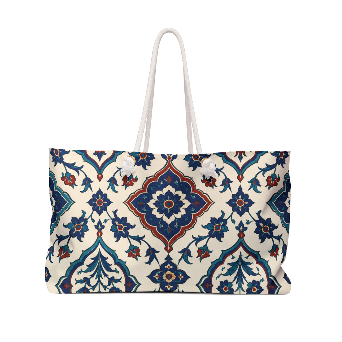 Moroccan Tile Weekender Bag – front view showing the navy and terracotta tilework print