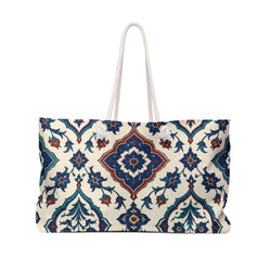 Moroccan Tile Weekender Bag – front view showing the navy and terracotta tilework print