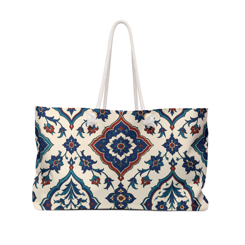 Moroccan Tile Weekender Bag – front view showing the navy and terracotta tilework print