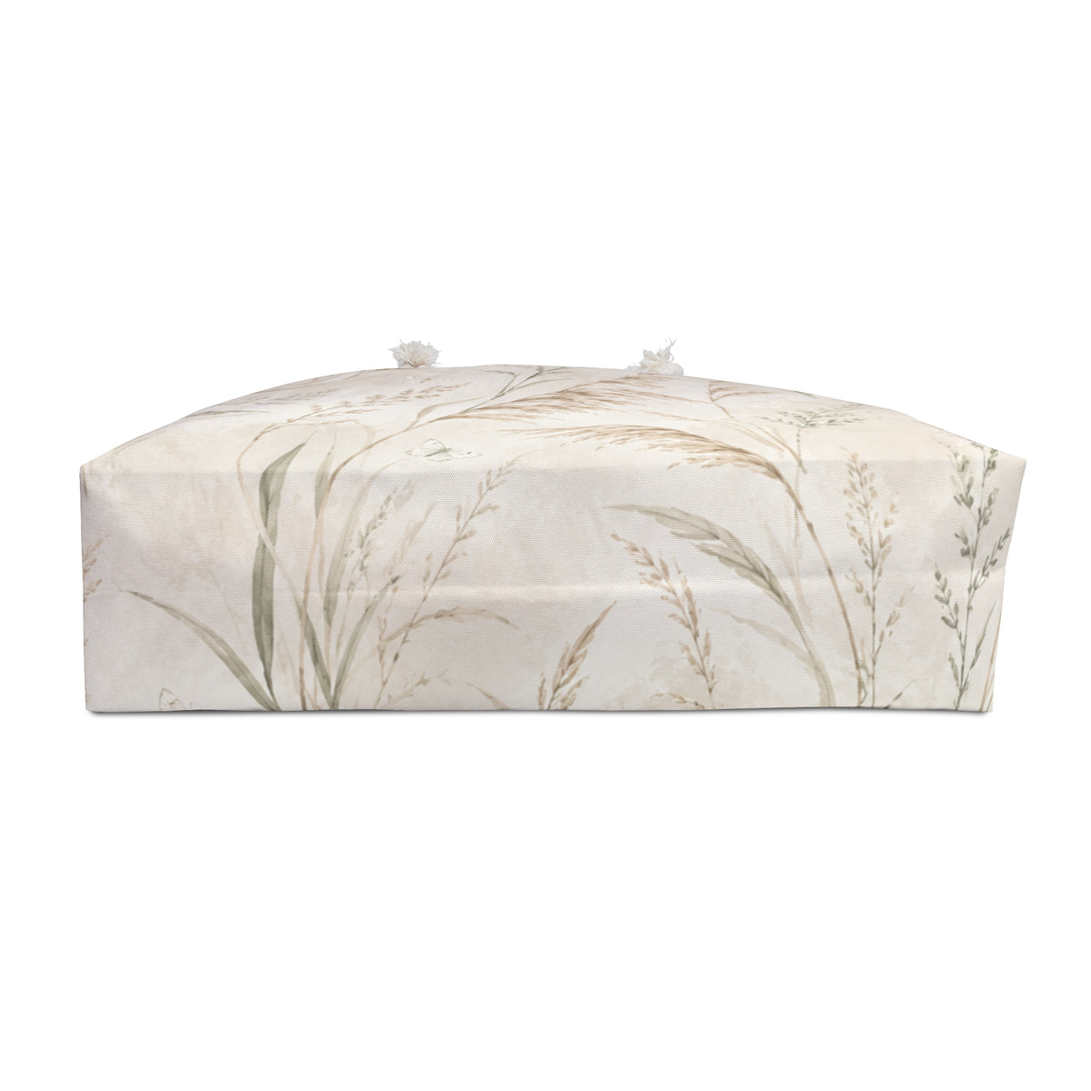 Botanical Weekender Bag flat lay, full neutral pampas grass botanical print detail